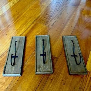 Set of 3 Wooden & Metal Wall Hooks